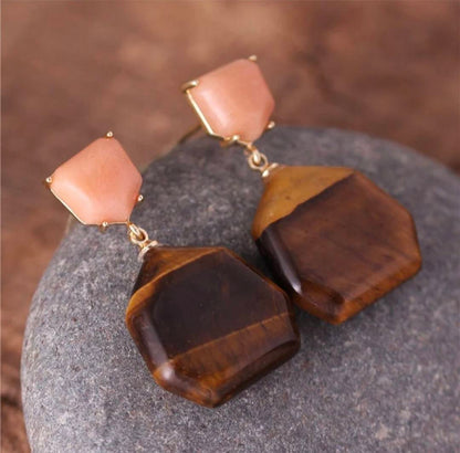 Nye MICCI DESIGN natural Tiger Eye Øredobber, Gold Electroplated