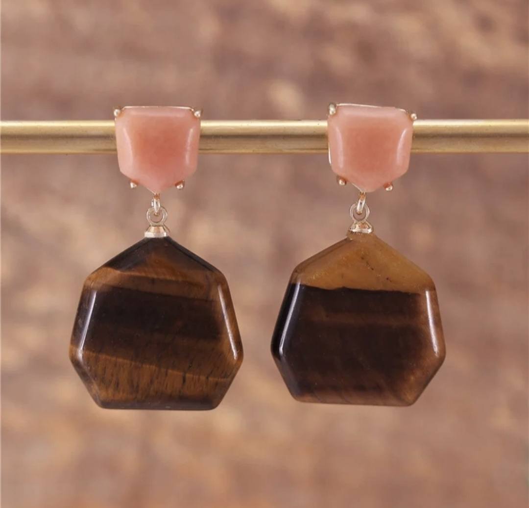 Nye MICCI DESIGN natural Tiger Eye Øredobber, Gold Electroplated