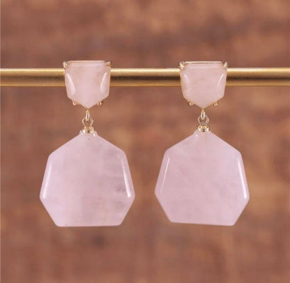 Nye MICCI DESIGN natural Rose Quartz Øredobber, Gold Electroplated