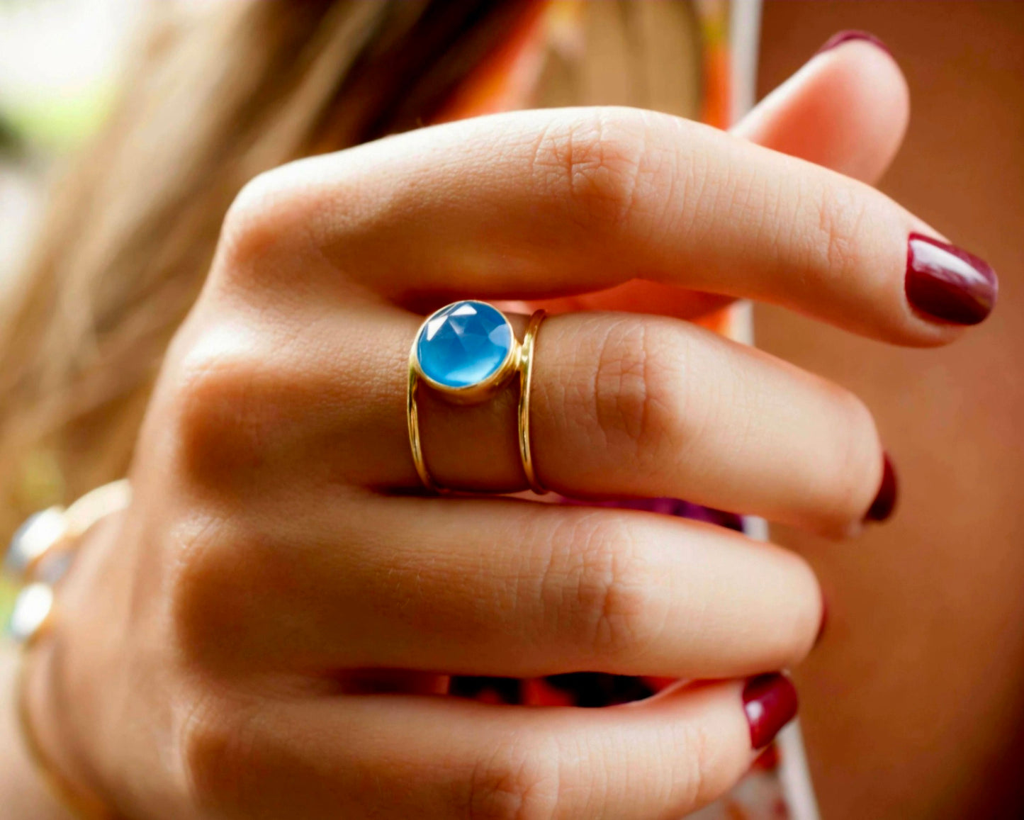 Vakker Blue Chalsedony 18K Goldplated over sterling silver Ring - modell " Helen "