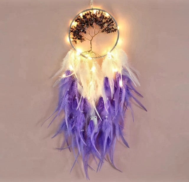 Vakker Indian Drømmefanger m/ledlys og Ametyst Livets Tre Krystalldesign, 16x65cm