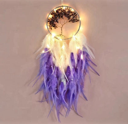 Vakker Indian Drømmefanger m/ledlys og Ametyst Livets Tre Krystalldesign, 16x65cm