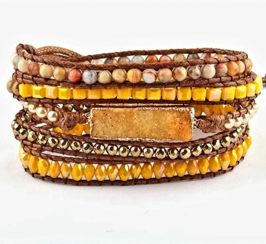 NYHET 2025 ! BOHO WRAP BRACELET 5 rader armbÅnd med Druzy Gul Quartz