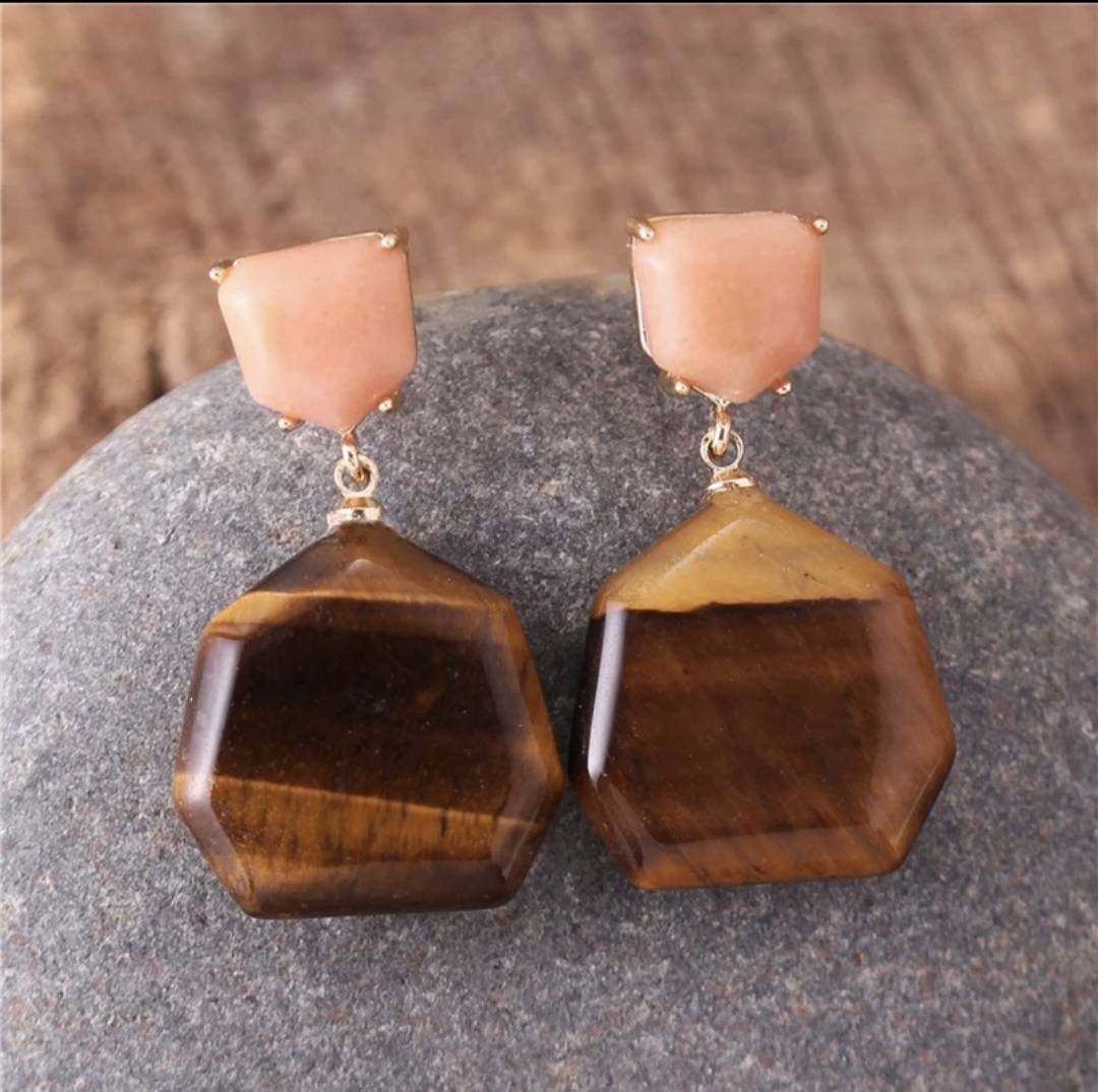 Nye MICCI DESIGN natural Tiger Eye Øredobber, Gold Electroplated
