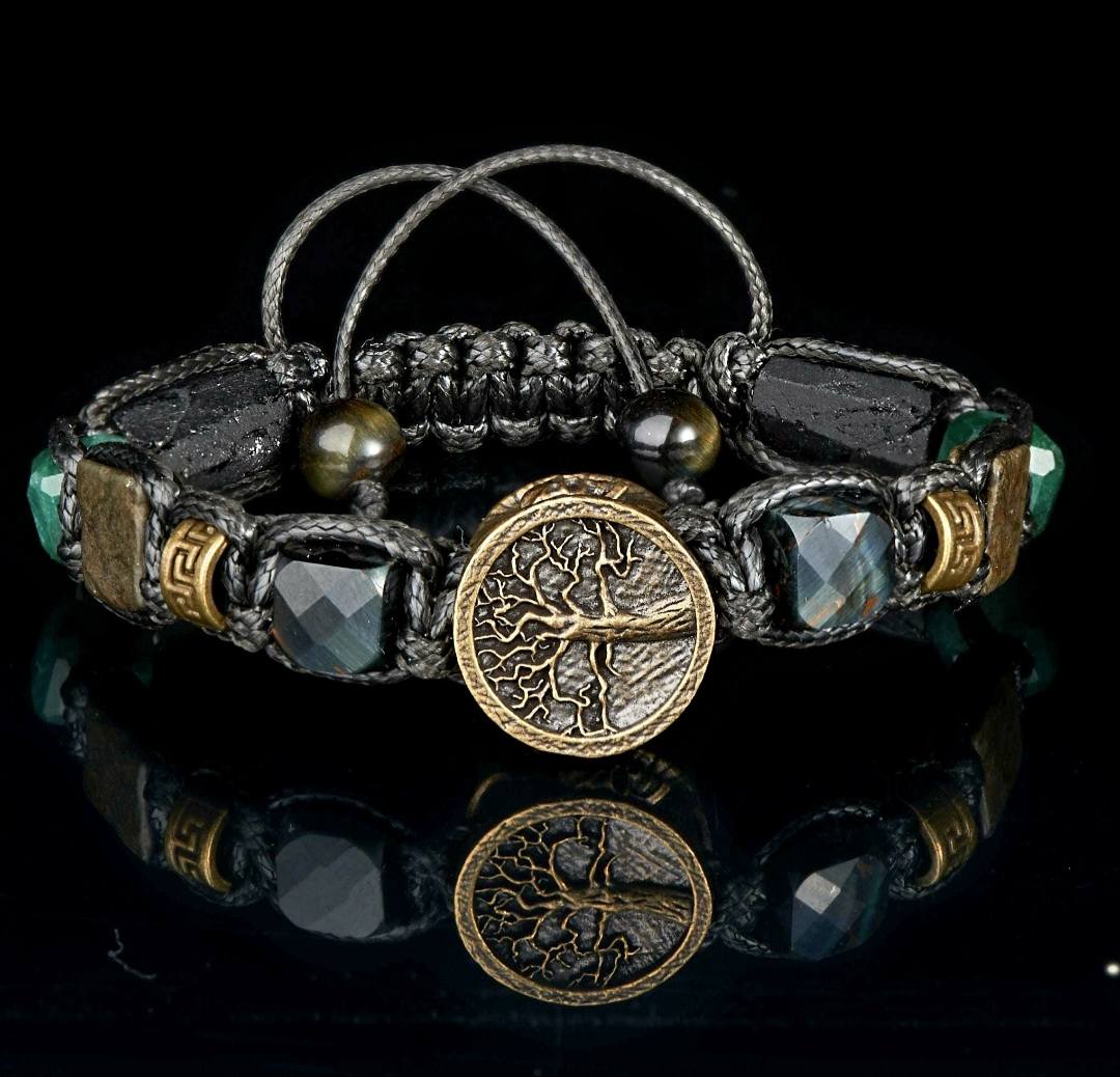New 2026 Design / Trendy og Exclusivt Shambhala Armbånd,& Protection Bracelet – Hawk Eye, Pyrite, Black Tourmaline, Tree of Life Talisman