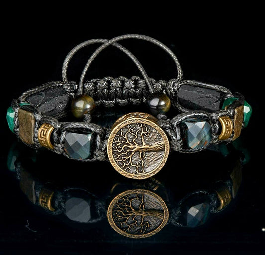 New 2026 Design / Trendy og Exclusivt Shambhala Armbånd,& Protection Bracelet – Hawk Eye, Pyrite, Black Tourmaline, Tree of Life Talisman