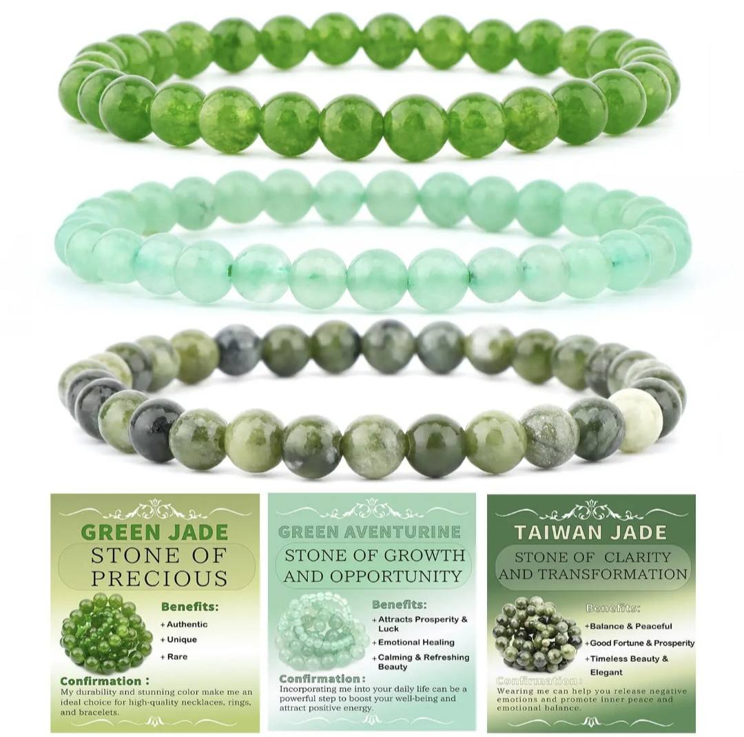Nye, fleksible 8mm Steinarmbånd Sett m/ Produkt og Affirmasjonskort, Green Jade + Taiwan Jade , green Aventurine