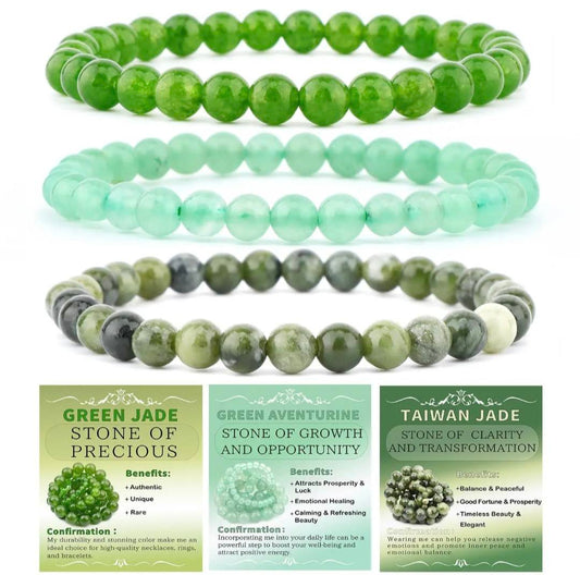 Nye, fleksible 8mm Steinarmbånd Sett m/ Produkt og Affirmasjonskort, Green Jade + Taiwan Jade , green Aventurine