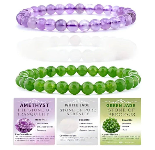 Nye 8mm Steinarmbånd Sett m/ Produkt og Affirmasjonskort, Ametyst, hvit og grønn Jade