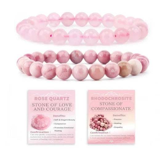 Nye, fleksible 8mm Steinarmbånd Sett m/ Produkt og Affirmasjonskort, Rose Quartz + Rhodocrosite