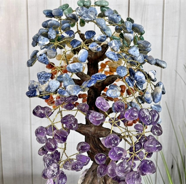 Vakre og eksklusive Feng Shui - Bonsai Lykketrær m/ ekte krystaller og Ametyst Clusterfot, ca. 37cm høy, Chakra 7kg