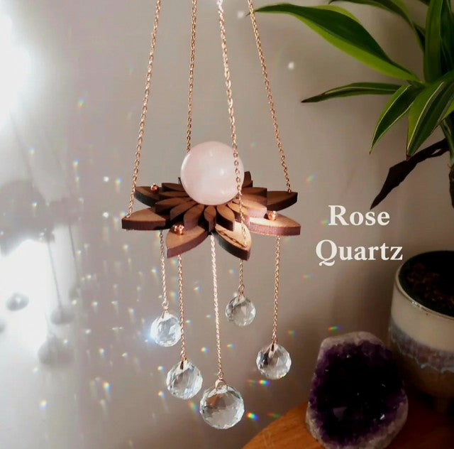 New 2024 Lotus Rainbow Crystal Suncatcher w/ Rose Quartz 21mm Sphere
