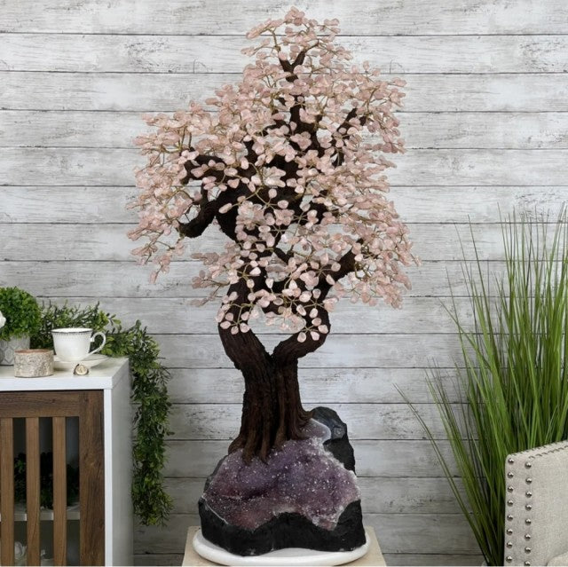 43" Tall Special Rose Quartz Gemstone Tree w/ Amethyst base, 1380 Gems, ca. 55kg - 112cm, Handmade #5442RQ-001