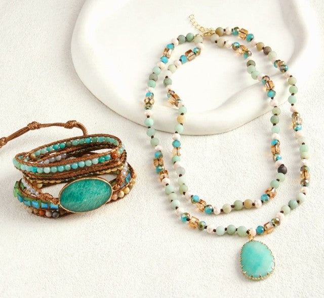 Nye 2025 Bohemian Amazonite Design Smykkesett, Duo Row Kjede og BoHo Wrap armbÅnd