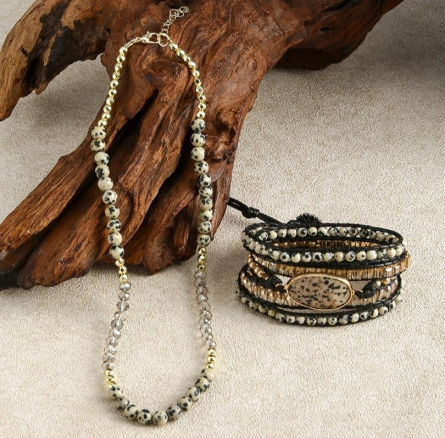 Nye 2025 Bohemian Dalmantiner Jasper Design Smykkesett, Single Row Kjede og BoHo Wrap armbÅnd