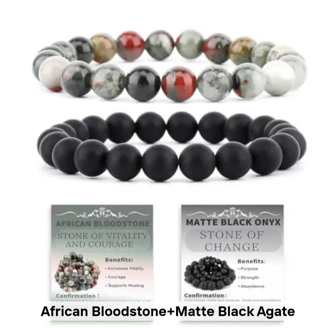 Nye, fleksible 8mm Steinarmbånd Sett m/ Produkt og Affirmasjonskort, African Bloodstone + Matt Black Agate