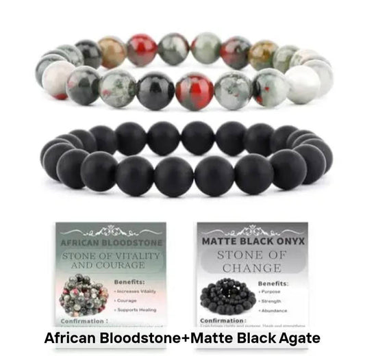 Nye, fleksible 8mm Steinarmbånd Sett m/ Produkt og Affirmasjonskort, African Bloodstone + Matt Black Agate