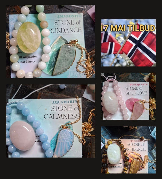 17 MAI TILBUD - 50% / - Smykkesett - Chambhala Armbånd & Angel Wing Kjede + Bonusgave, 7 stentyper