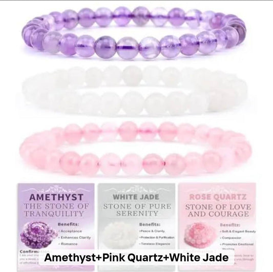 Nye, fleksible 8mm Steinarmbånd Sett m/ Produkt og Affirmasjonskort, Ametyst, Hvit Jade, Rose Quartz