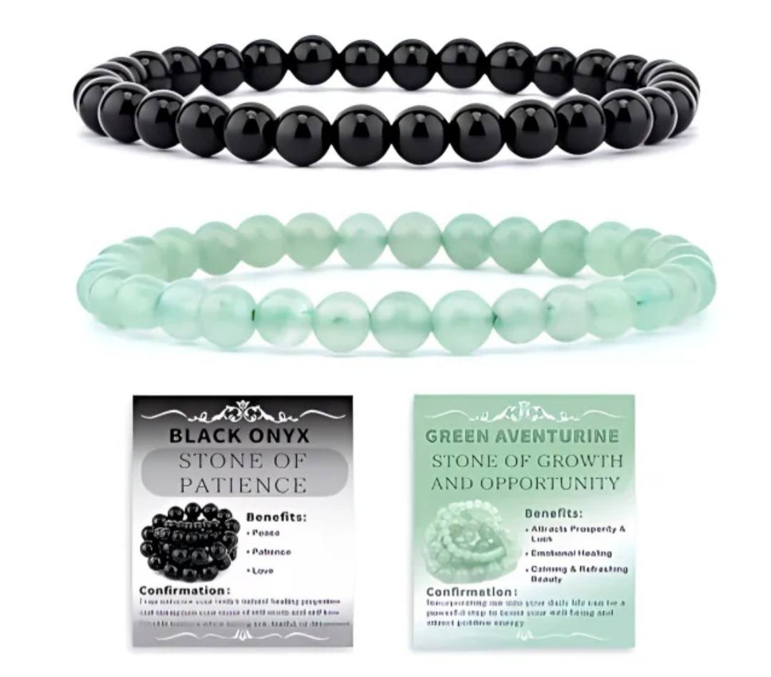 Nye, fleksible 8mm Steinarmbånd Sett m/ Produkt og Affirmasjonskort, Black Onyx + Green Aventurine