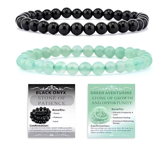 Nye, fleksible 8mm Steinarmbånd Sett m/ Produkt og Affirmasjonskort, Black Onyx + Green Aventurine