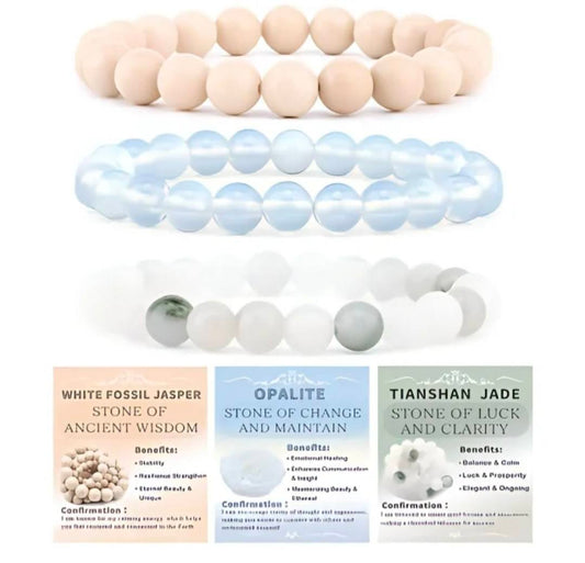 Nye, fleksible 8mm Steinarmbånd Sett m/ Produkt og Affirmasjonskort, Jasper, Opalite + Jade