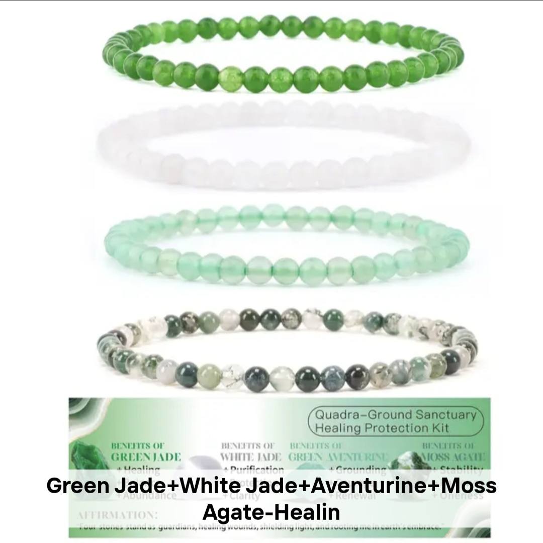 Nye, fleksible 8mm Steinarmbånd Sett m/ Produkt og Affirmasjonskort, Grønn og Hvit Jade, Moss Agate + Aventurine
