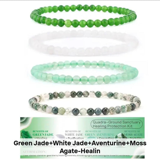 Nye, fleksible 8mm Steinarmbånd Sett m/ Produkt og Affirmasjonskort, Grønn og Hvit Jade, Moss Agate + Aventurine