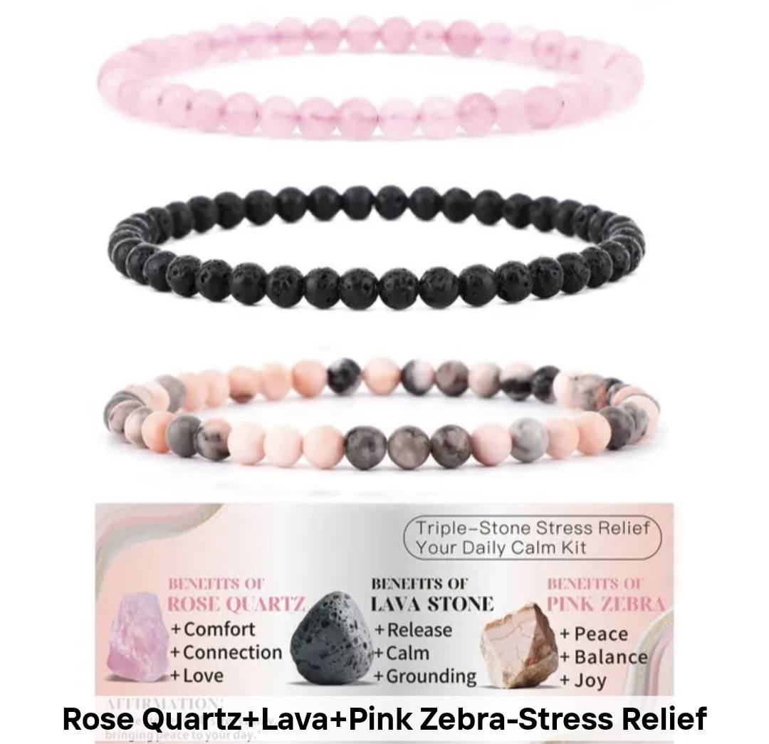 Nye, fleksible 8mm Steinarmbånd Sett m/ Produkt og Affirmasjonskort, Rose Quartz, Lavastone + Pink Zebra
