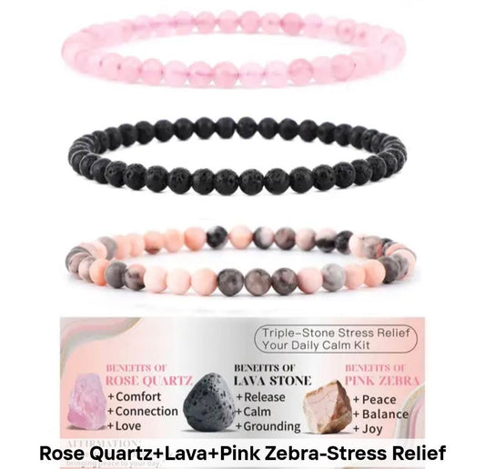 Nye, fleksible 8mm Steinarmbånd Sett m/ Produkt og Affirmasjonskort, Rose Quartz, Lavastone + Pink Zebra