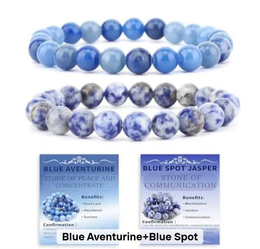 Nye, fleksible 8mm Steinarmbånd Sett m/ Produkt og Affirmasjonskort, Blue Aventurine + Blue Spot Stone