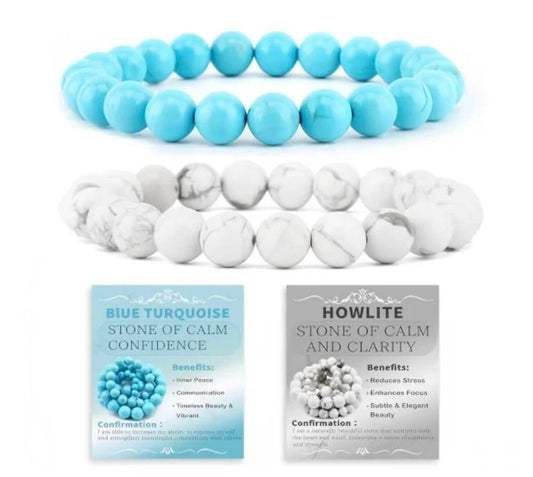 Nye, fleksible 8mm Steinarmbånd Sett m/ Produkt og Affirmasjonskort, Turkis + Howlite