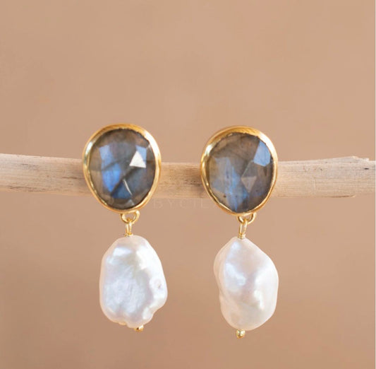CILA " Danuza " Long Design Labradorite & Pearl Stud Earrings , 18K Goldplated