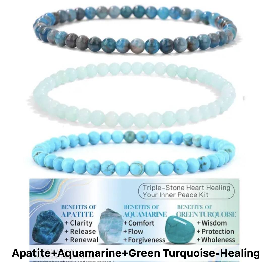 Nye, fleksible 8mm Steinarmbånd Sett m/ Produkt og Affirmasjonskort, Apatite, Aquamarine, Turkis