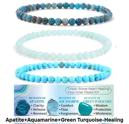 Nye, fleksible 8mm Steinarmbånd Sett m/ Produkt og Affirmasjonskort, Apatite, Aquamarine, Turkis