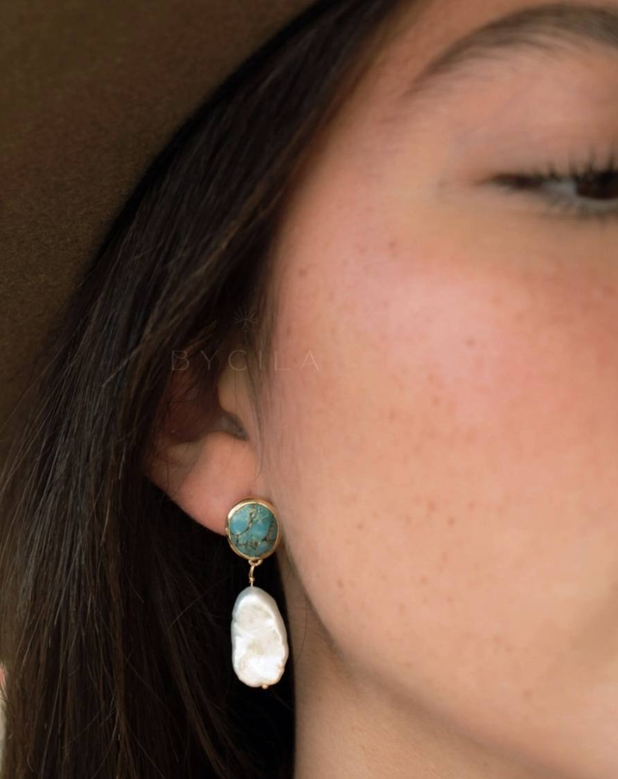CILA " Danuza " Long Design Copper Turquise & Pearl Stud Earrings , 18K Goldplated