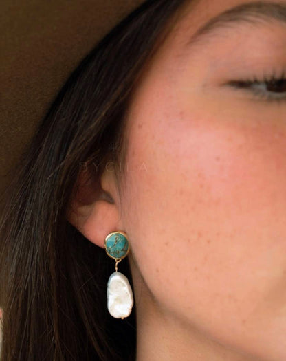 CILA " Danuza " Long Design Copper Turquise & Pearl Stud Earrings , 18K Goldplated