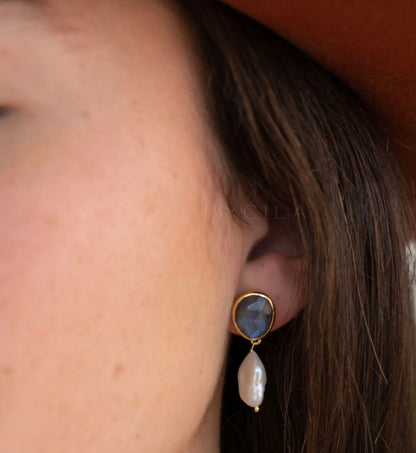CILA " Danuza " Long Design Labradorite & Pearl Stud Earrings , 18K Goldplated