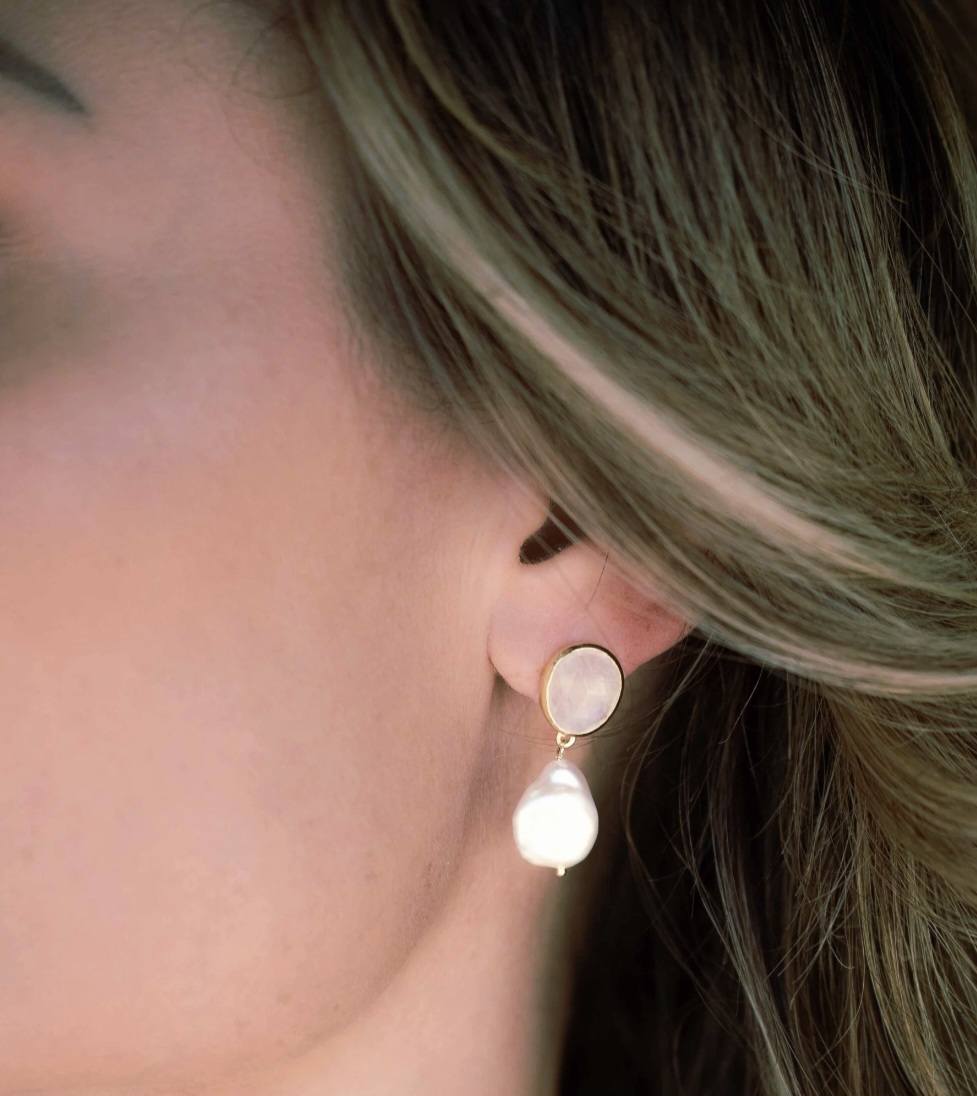 CILA " Danuza " Long Design Moonstone & Pearl Stud Earrings , 18K Goldplated
