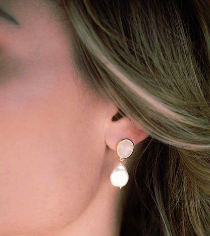 CILA " Danuza " Long Design Moonstone & Pearl Stud Earrings , 18K Goldplated