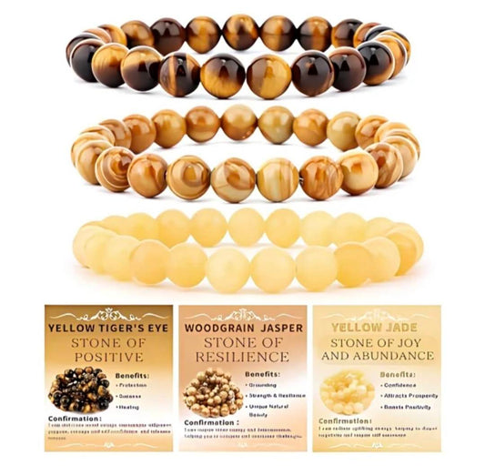 Nye, fleksible 8mm Steinarmbånd Sett m/ Produkt og Affirmasjonskort, Tiger Eye, Jasper + Yellow Jade