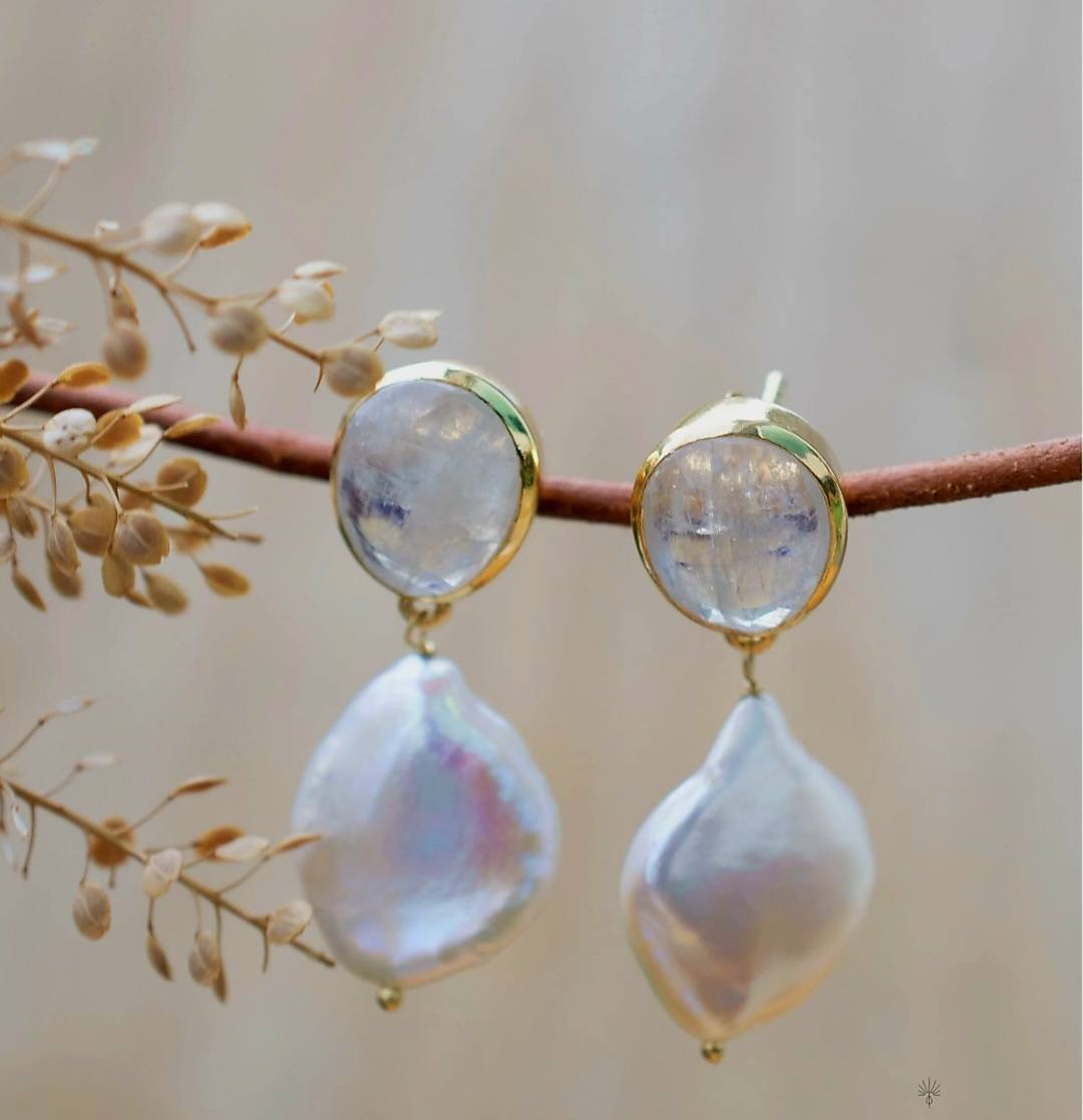 CILA " Danuza " Long Design Moonstone & Pearl Stud Earrings , 18K Goldplated