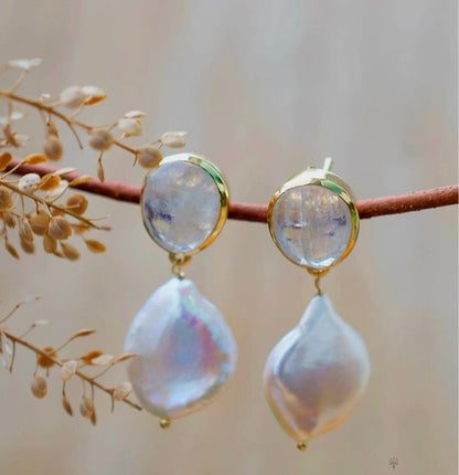 CILA " Danuza " Long Design Moonstone & Pearl Stud Earrings , 18K Goldplated