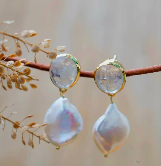 CILA " Danuza " Long Design Moonstone & Pearl Stud Earrings , 18K Goldplated