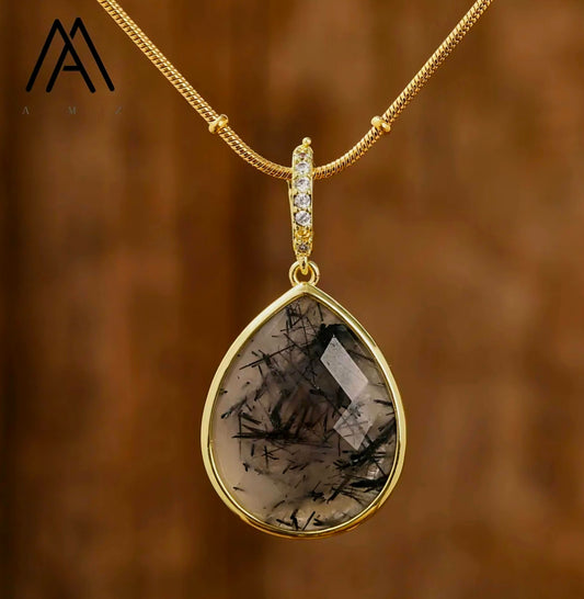 MICCI Design Tear Drop Stone Kjede, 18K Goldplated, 20mm Black,Clear Rutile Quartz Solitaire anheng