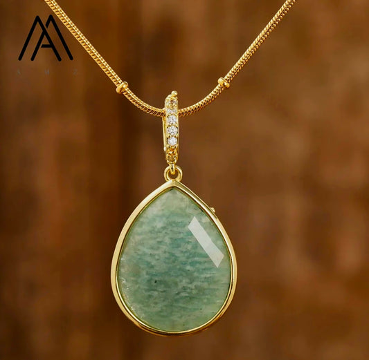 MICCI Design Tear Drop Stone Kjede, 18K Goldplated, 20mm Blue Green Amazonite Solitaire Anheng