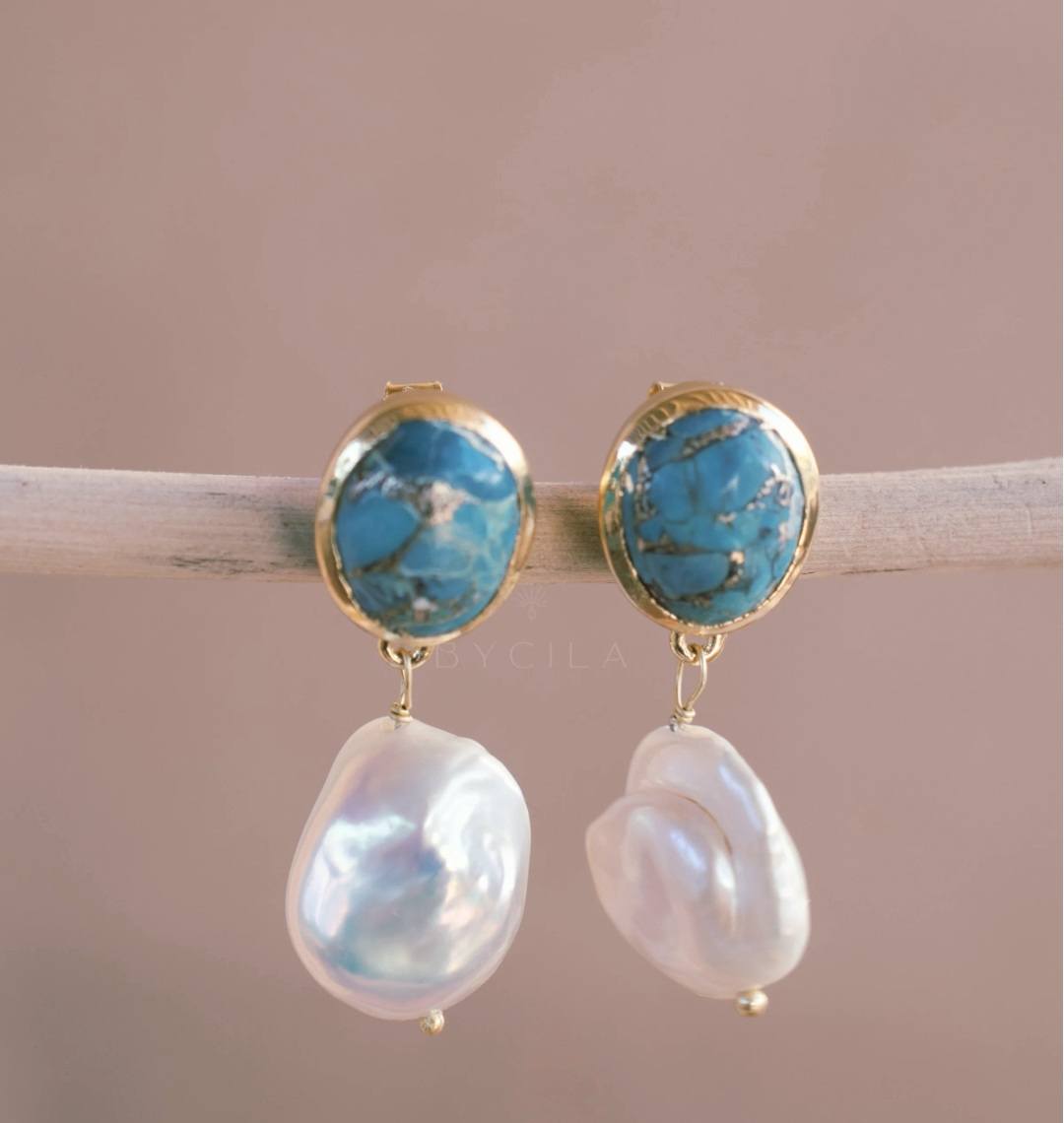 CILA " Danuza " Long Design Copper Turquise & Pearl Stud Earrings , 18K Goldplated