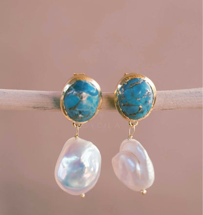CILA " Danuza " Long Design Copper Turquise & Pearl Stud Earrings , 18K Goldplated