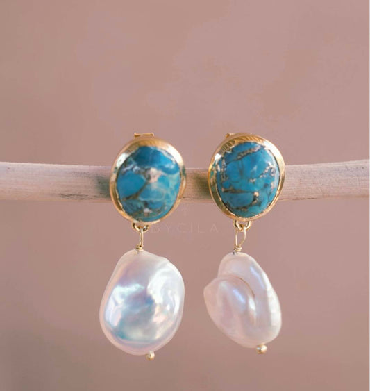 CILA " Danuza " Long Design Copper Turquise & Pearl Stud Earrings , 18K Goldplated