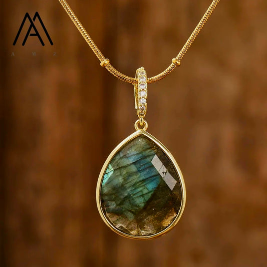 MICCI Design Tear Drop Stone Kjede, 18K Goldplated, 20mm Labradorite Solitaire anheng
